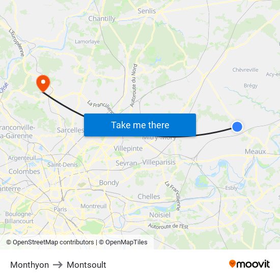 Monthyon to Montsoult map
