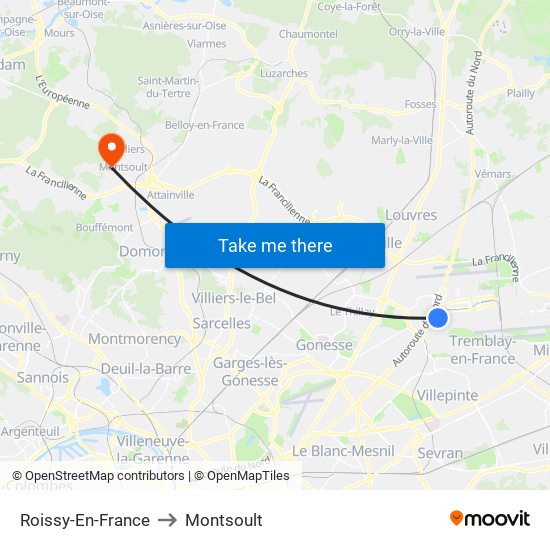 Roissy-En-France to Montsoult map
