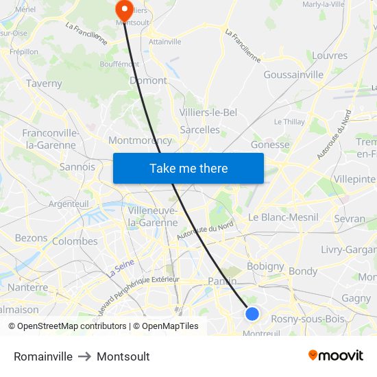 Romainville to Montsoult map