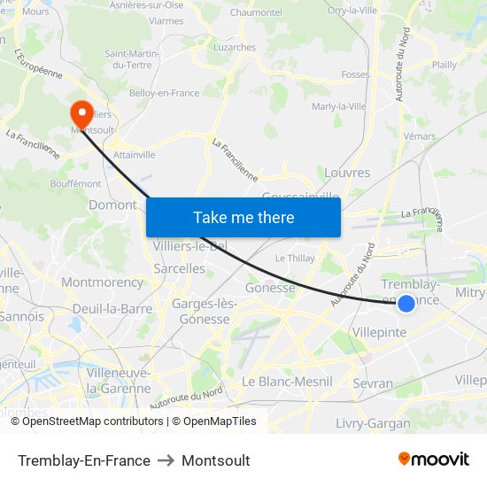 Tremblay-En-France to Montsoult map