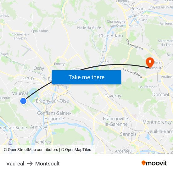 Vaureal to Montsoult map