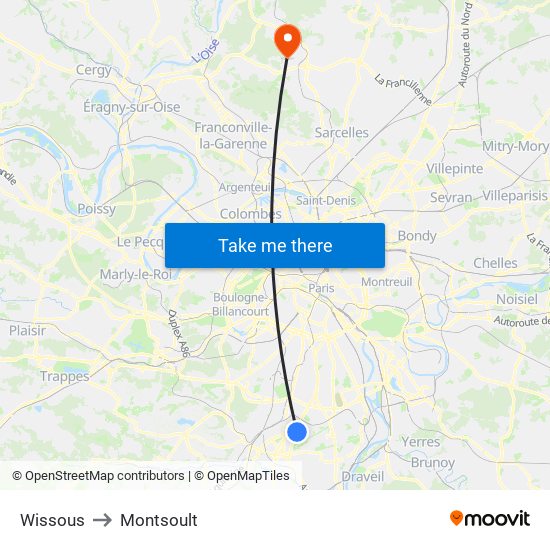Wissous to Montsoult map