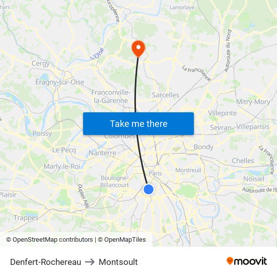 Denfert-Rochereau to Montsoult map