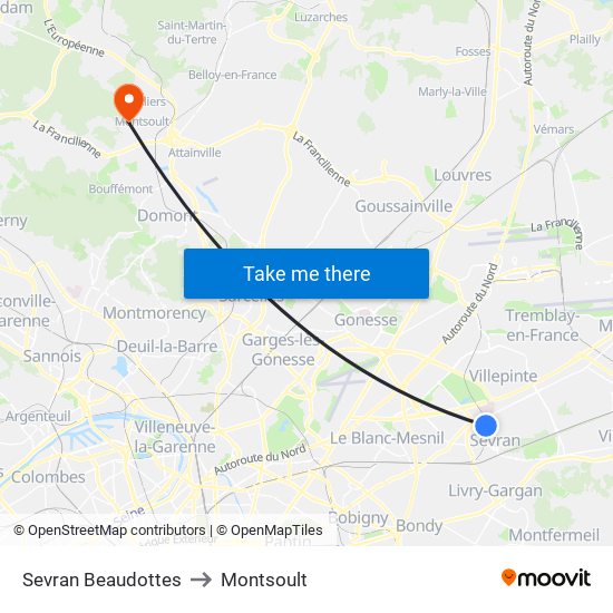 Sevran Beaudottes to Montsoult map