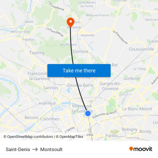 Saint-Denis to Montsoult map