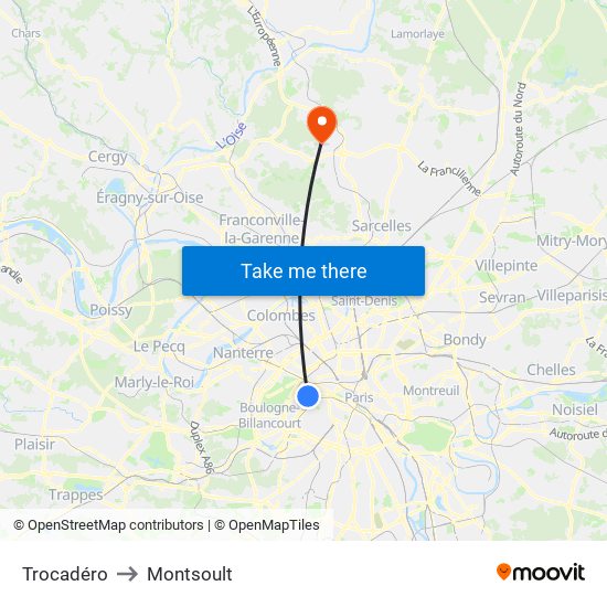 Trocadéro to Montsoult map