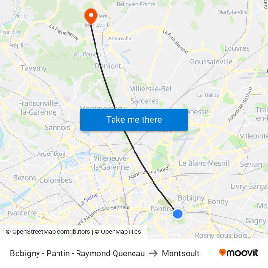 Bobigny - Pantin - Raymond Queneau to Montsoult map