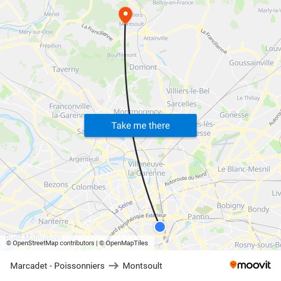 Marcadet - Poissonniers to Montsoult map