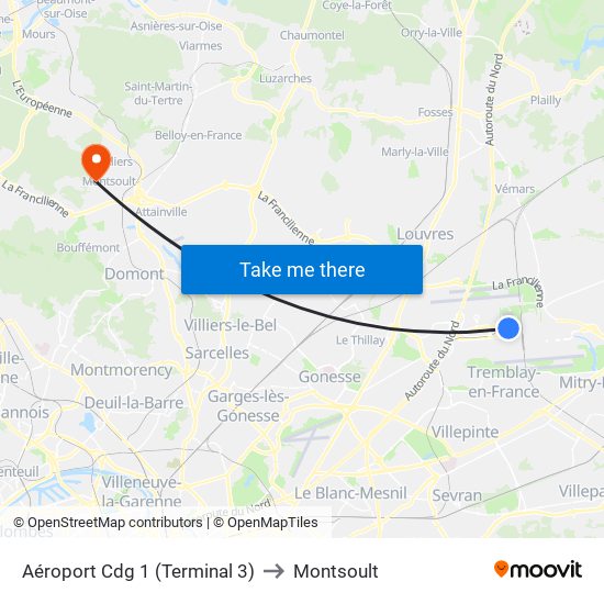 Aéroport Cdg 1 (Terminal 3) to Montsoult map