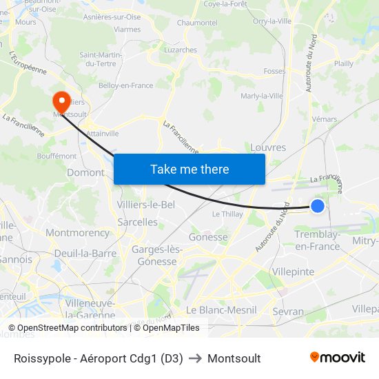 Roissypole - Aéroport Cdg1 (D3) to Montsoult map