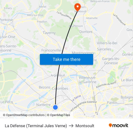 La Défense (Terminal Jules Verne) to Montsoult map