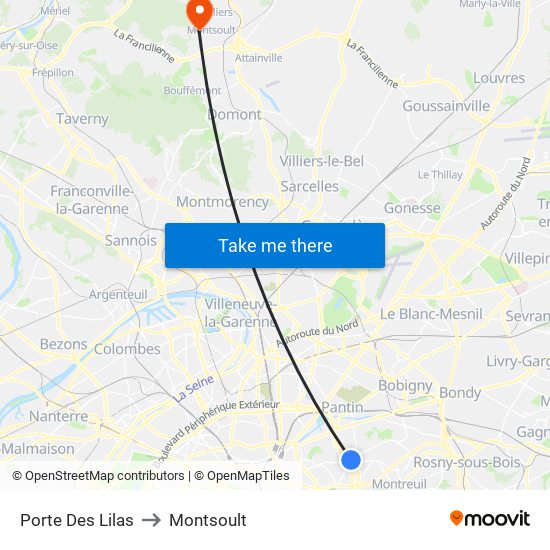 Porte Des Lilas to Montsoult map