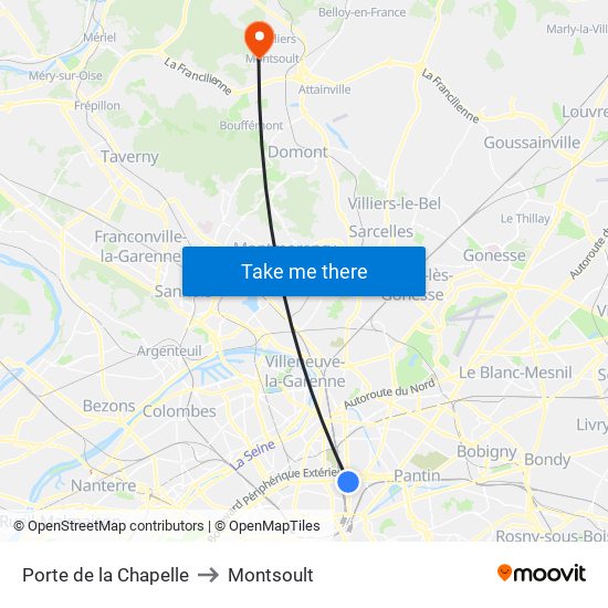 Porte de la Chapelle to Montsoult map