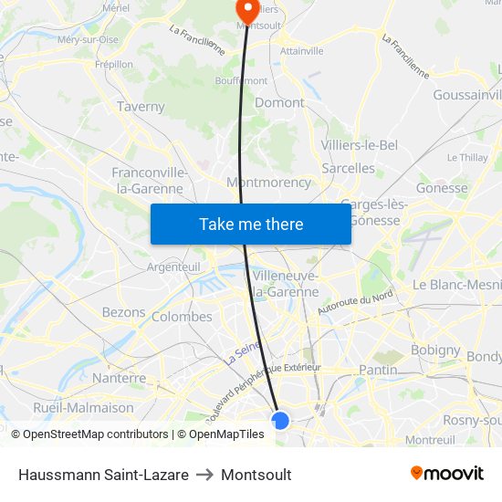 Haussmann Saint-Lazare to Montsoult map