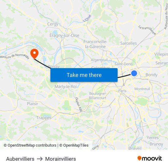Aubervilliers to Morainvilliers map