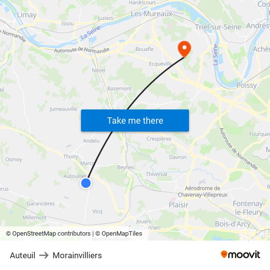 Auteuil to Morainvilliers map