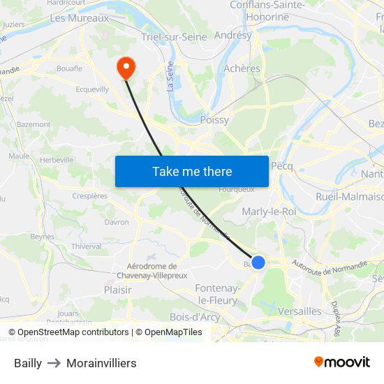 Bailly to Morainvilliers map