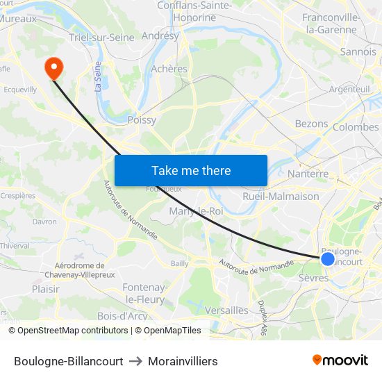 Boulogne-Billancourt to Morainvilliers map