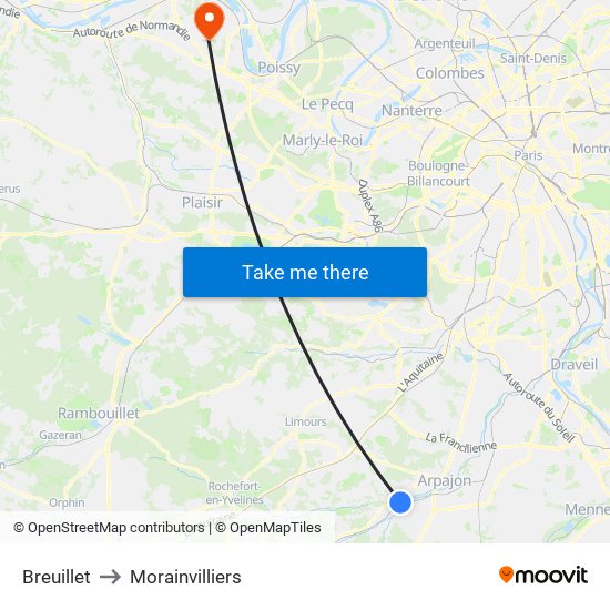 Breuillet to Morainvilliers map