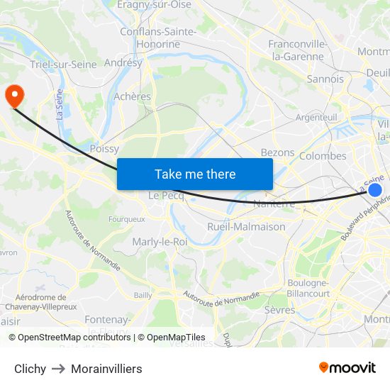Clichy to Morainvilliers map