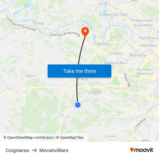 Coignieres to Morainvilliers map