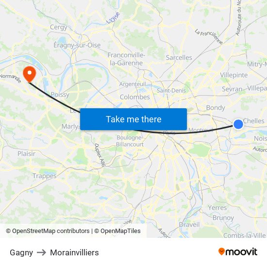 Gagny to Morainvilliers map