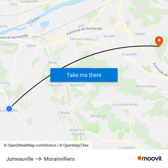 Jumeauville to Morainvilliers map