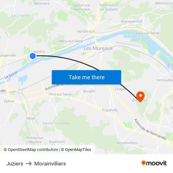 Juziers to Morainvilliers map