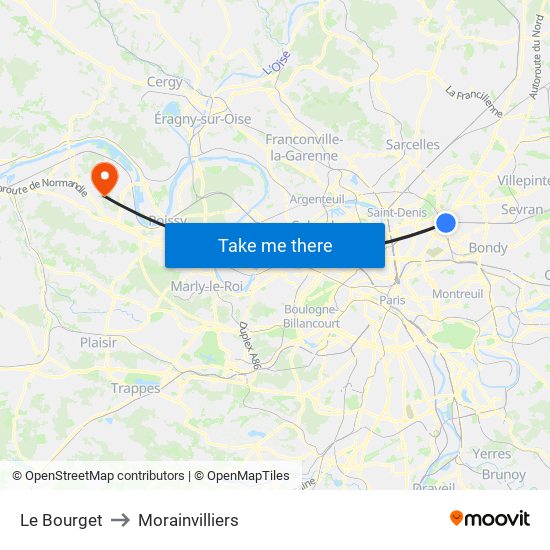Le Bourget to Morainvilliers map