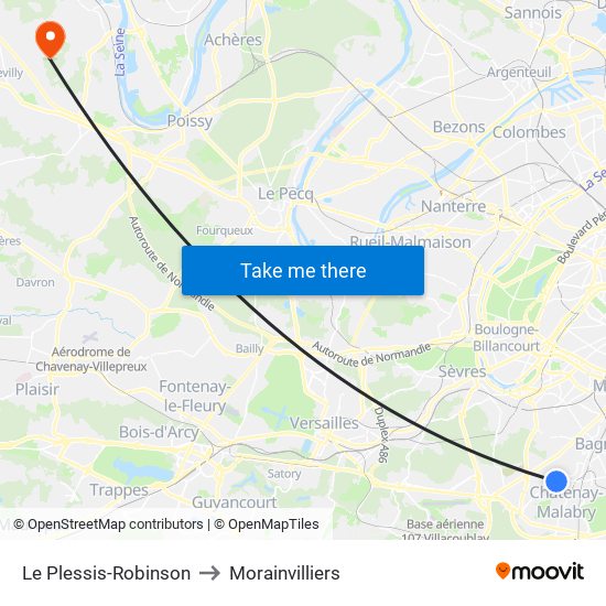 Le Plessis-Robinson to Morainvilliers map
