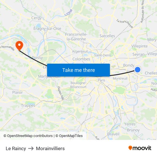 Le Raincy to Morainvilliers map