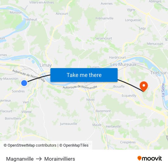 Magnanville to Morainvilliers map