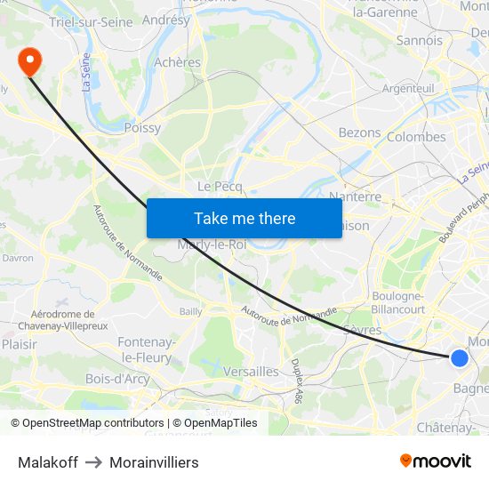 Malakoff to Morainvilliers map