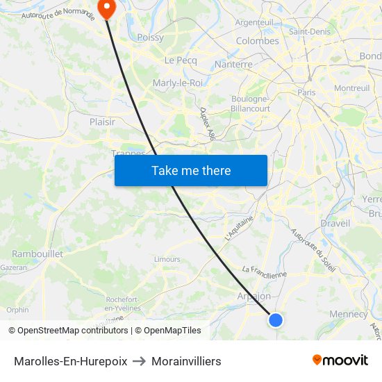 Marolles-En-Hurepoix to Morainvilliers map