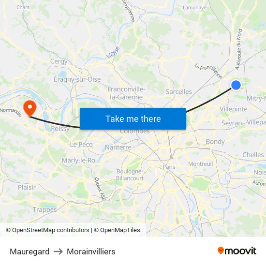 Mauregard to Morainvilliers map