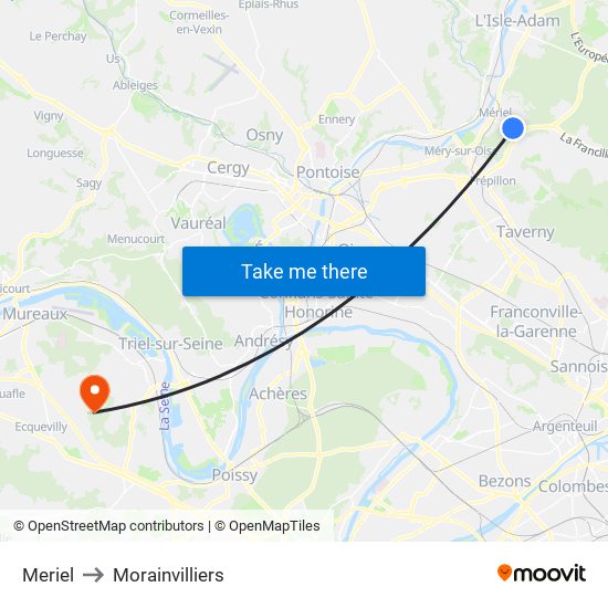 Meriel to Morainvilliers map