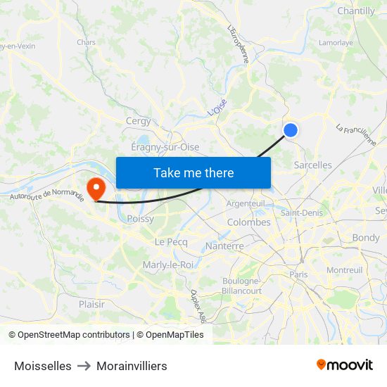 Moisselles to Morainvilliers map