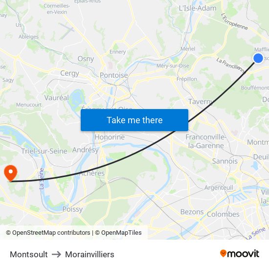 Montsoult to Morainvilliers map