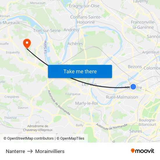 Nanterre to Morainvilliers map