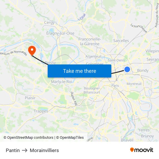 Pantin to Morainvilliers map