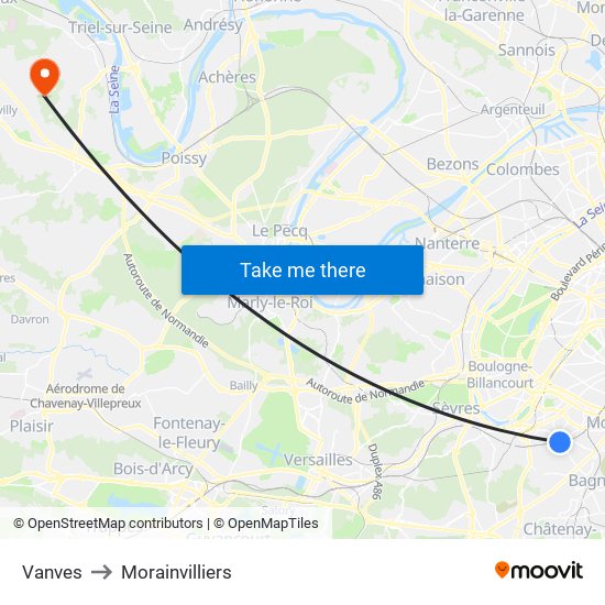Vanves to Morainvilliers map