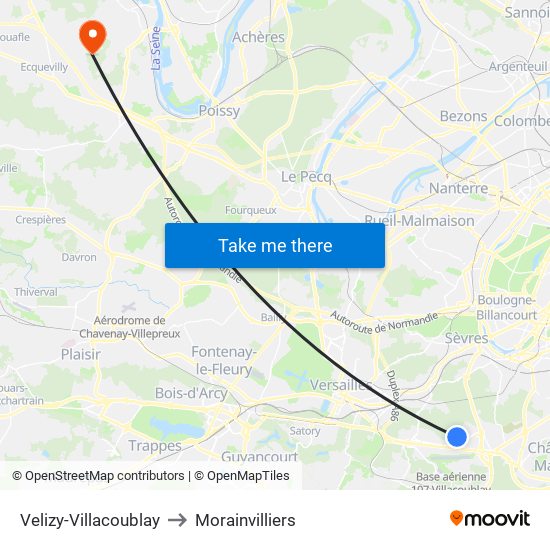 Velizy-Villacoublay to Morainvilliers map