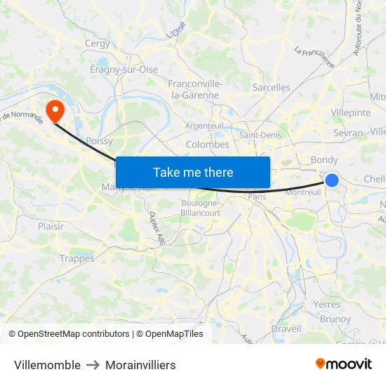 Villemomble to Morainvilliers map