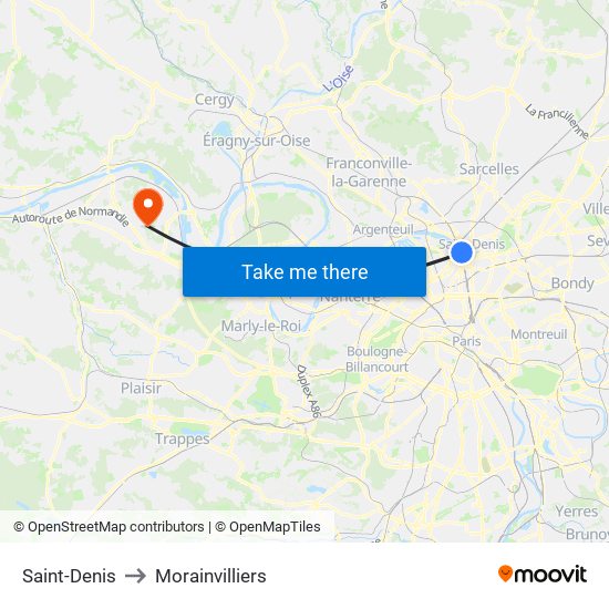 Saint-Denis to Morainvilliers map