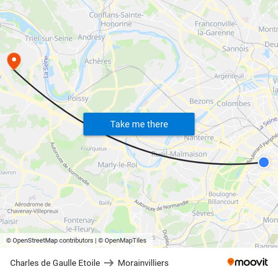 Charles de Gaulle Etoile to Morainvilliers map