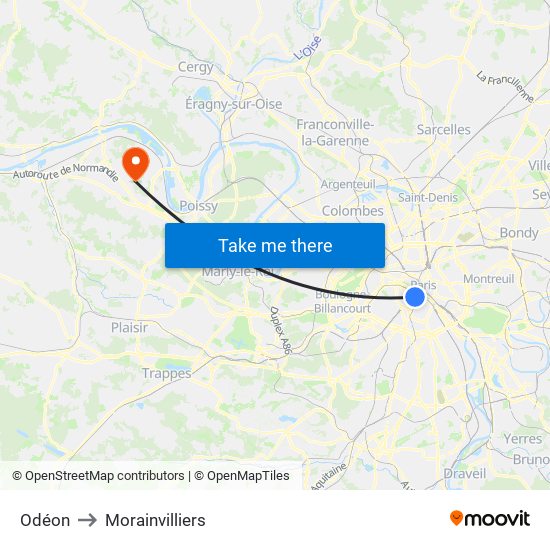 Odéon to Morainvilliers map