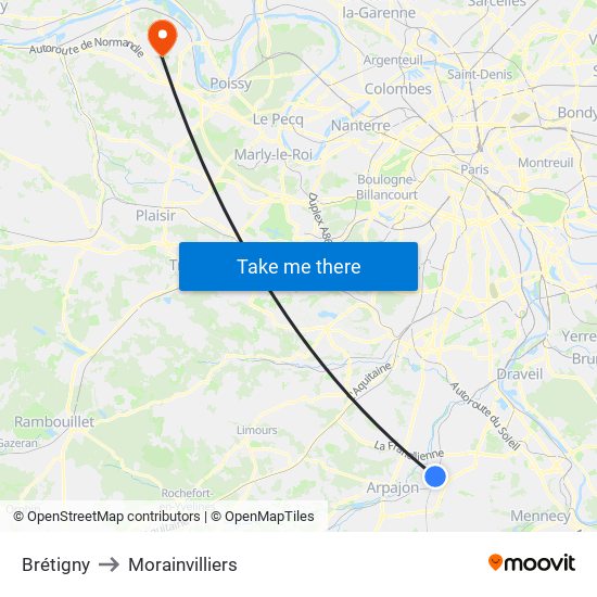 Brétigny to Morainvilliers map