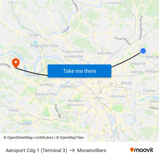 Aéroport Cdg 1 (Terminal 3) to Morainvilliers map