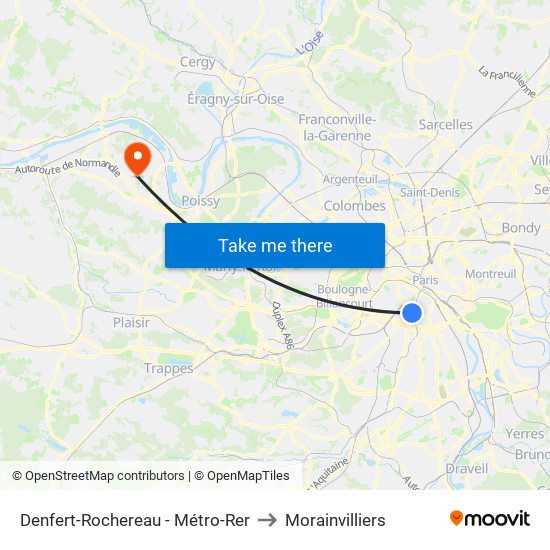 Denfert-Rochereau - Métro-Rer to Morainvilliers map