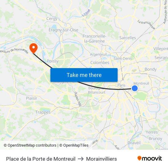 Place de la Porte de Montreuil to Morainvilliers map
